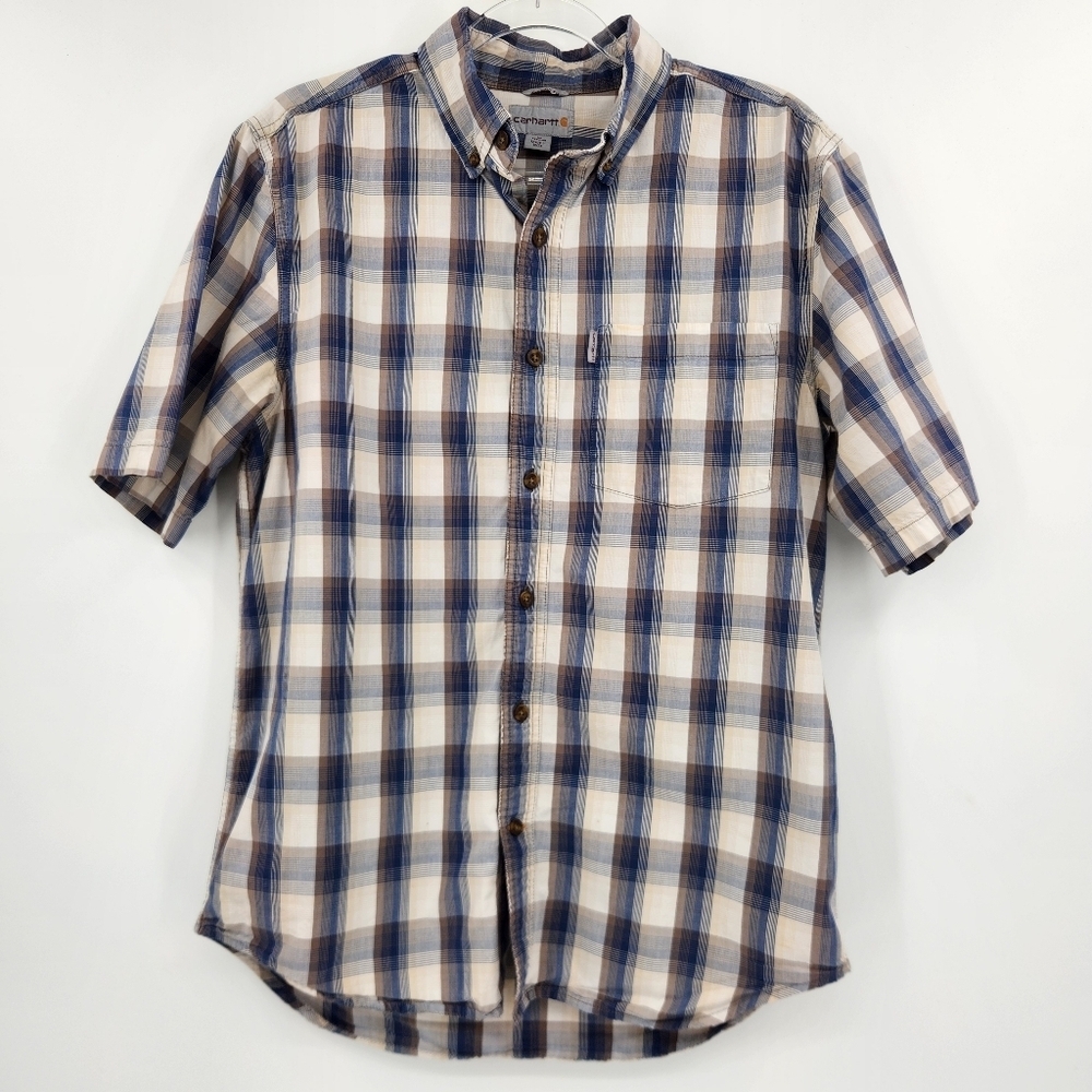 Carhartt Short Sleeve Button Front Shirt Mens Size Medium Blue Tan Plaid Relaxed
